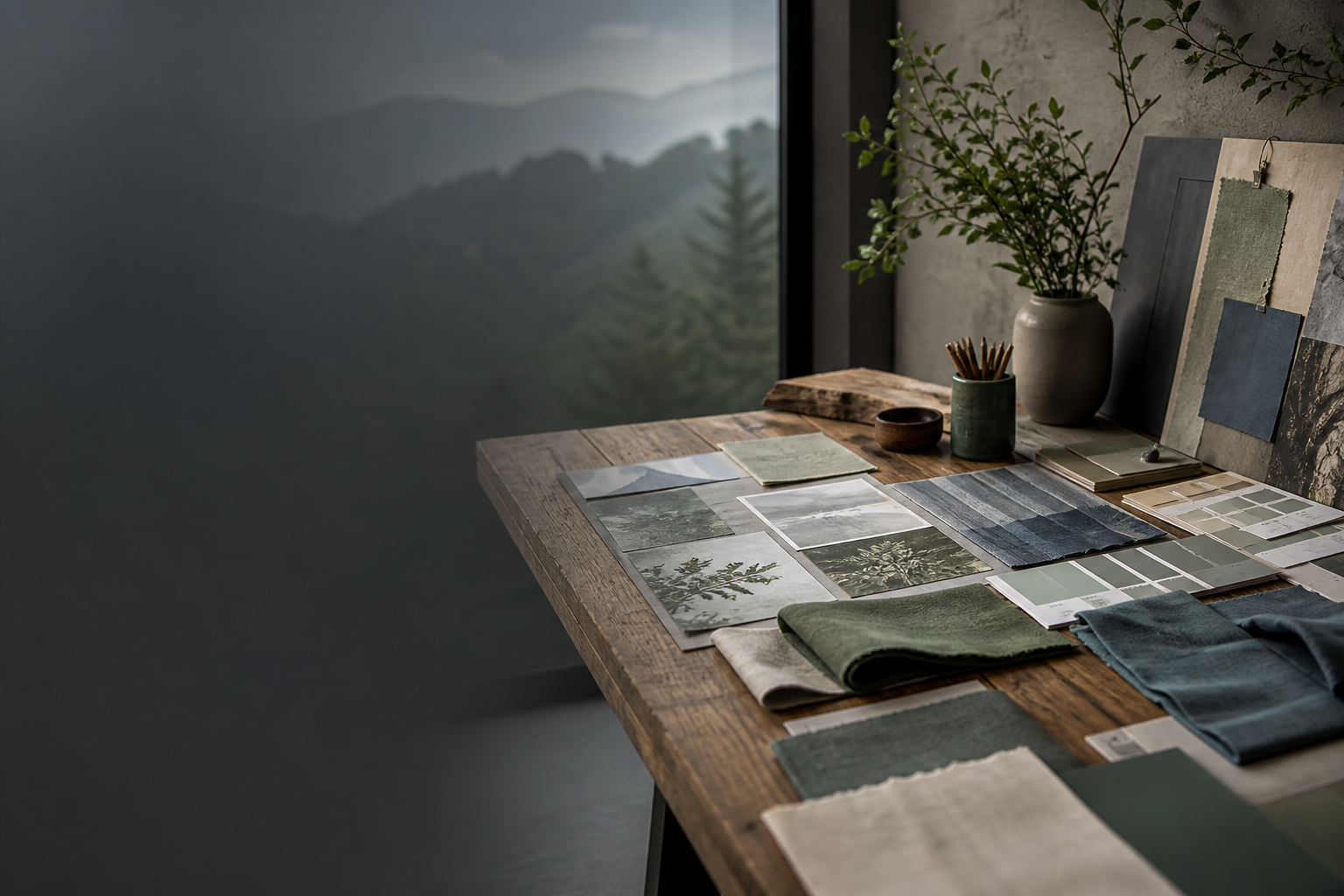 Creative brand design workspace with mood boards, typography samples, and color swatches on a rustic table overlooking misty mountains