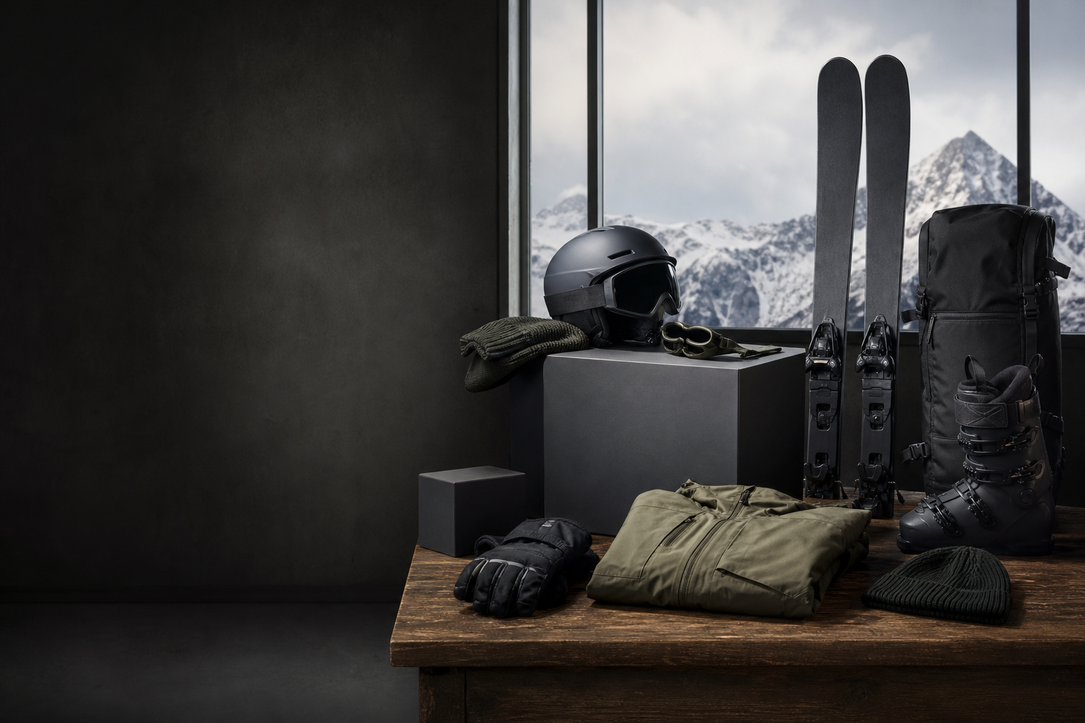Product studio with winter sports gear, brand packaging, and creative materials arranged on a table with snow-capped mountains visible through the window
