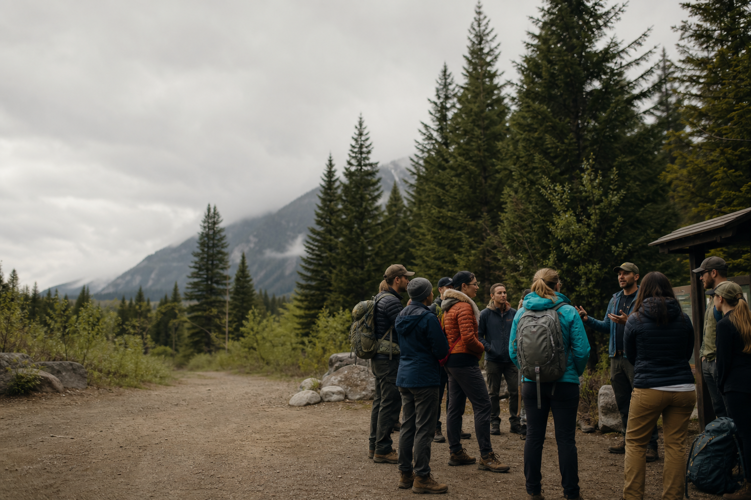 Outdoor community gathering at a mountain trailhead with hiking gear and conservation campaign materials