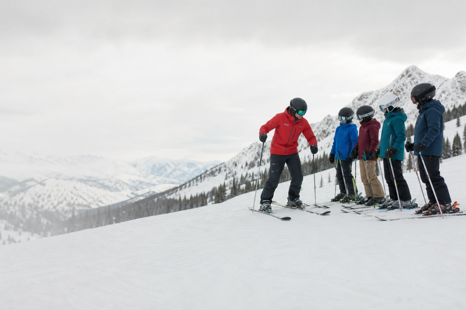 Ski instructor teaching a small group on a snowy Colorado mountain slope with dramatic peaks in the background