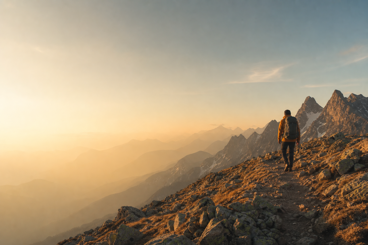 Long-distance hiker with backpack on an alpine ridge trail above a vast mountain wilderness at golden hour