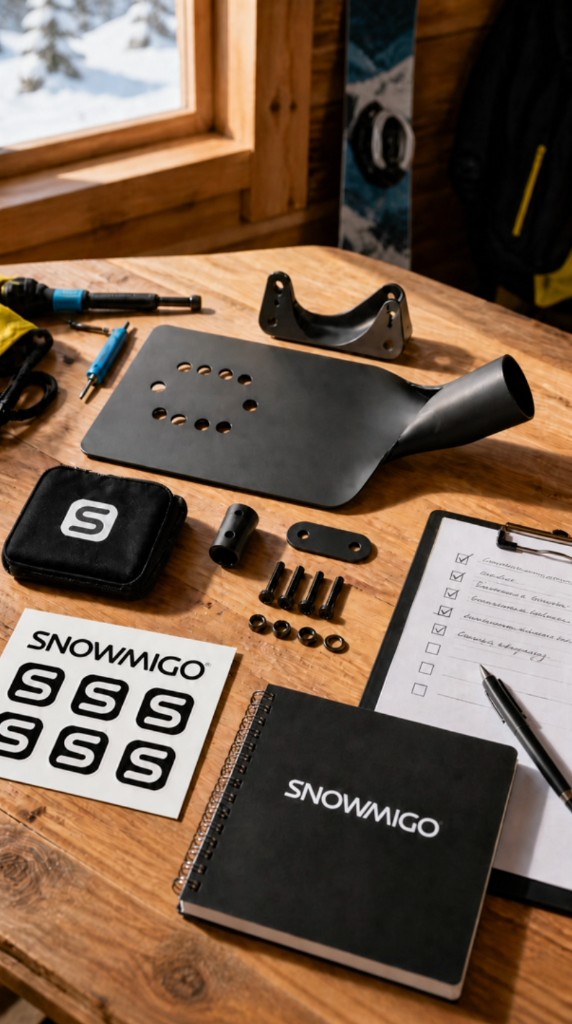 Brand system desk — stickers, notebook, pouch, and product plate