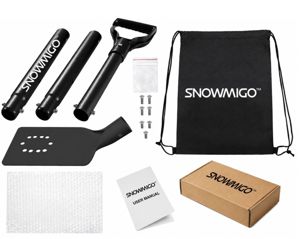 Full kit flat lay — poles, head, hardware, bag, box, and user manual