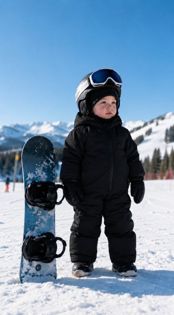 Toddler in full gear beside a mini snowboard on the mountain