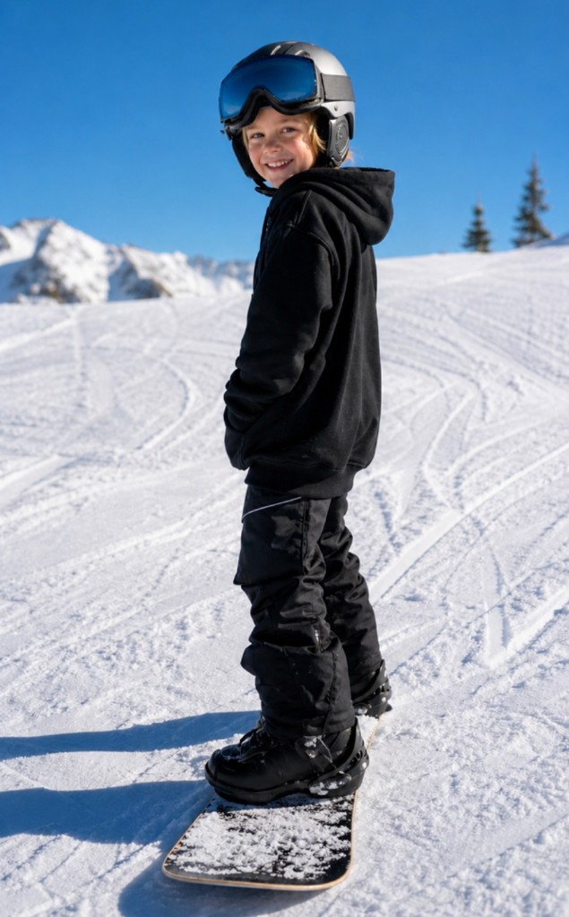 Young rider smiling on a snowboard with Snowmigo