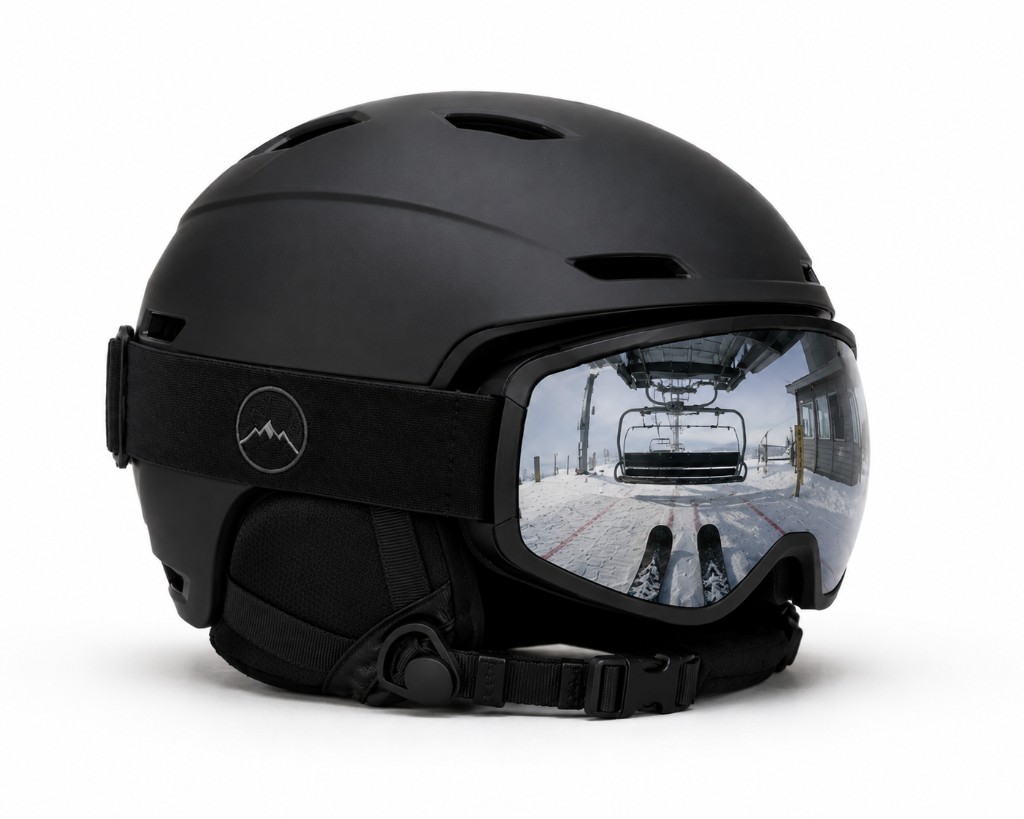 Ski helmet with mirrored goggles reflecting a mountain resort