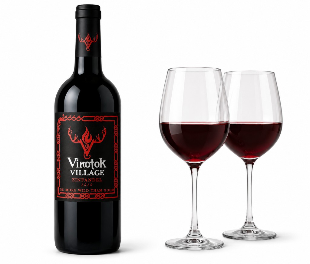 Vinotok Village Zinfandel wine bottle and glasses